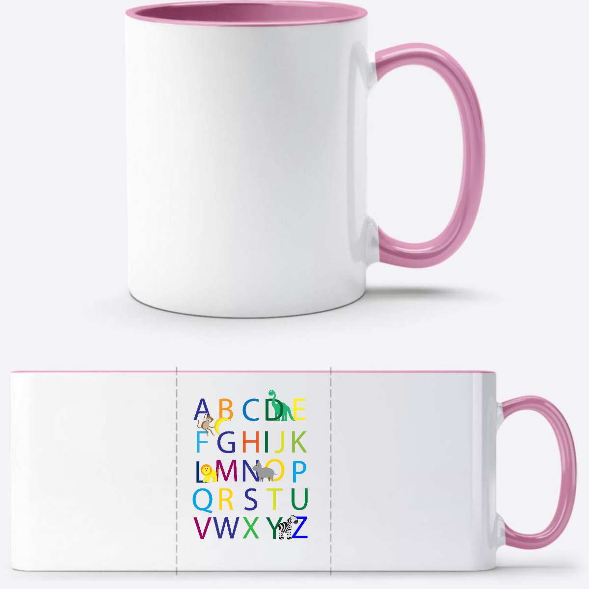 Tasse zur Einschulung mit Name – Buntes ABC Motiv - Weiss/Rosa
