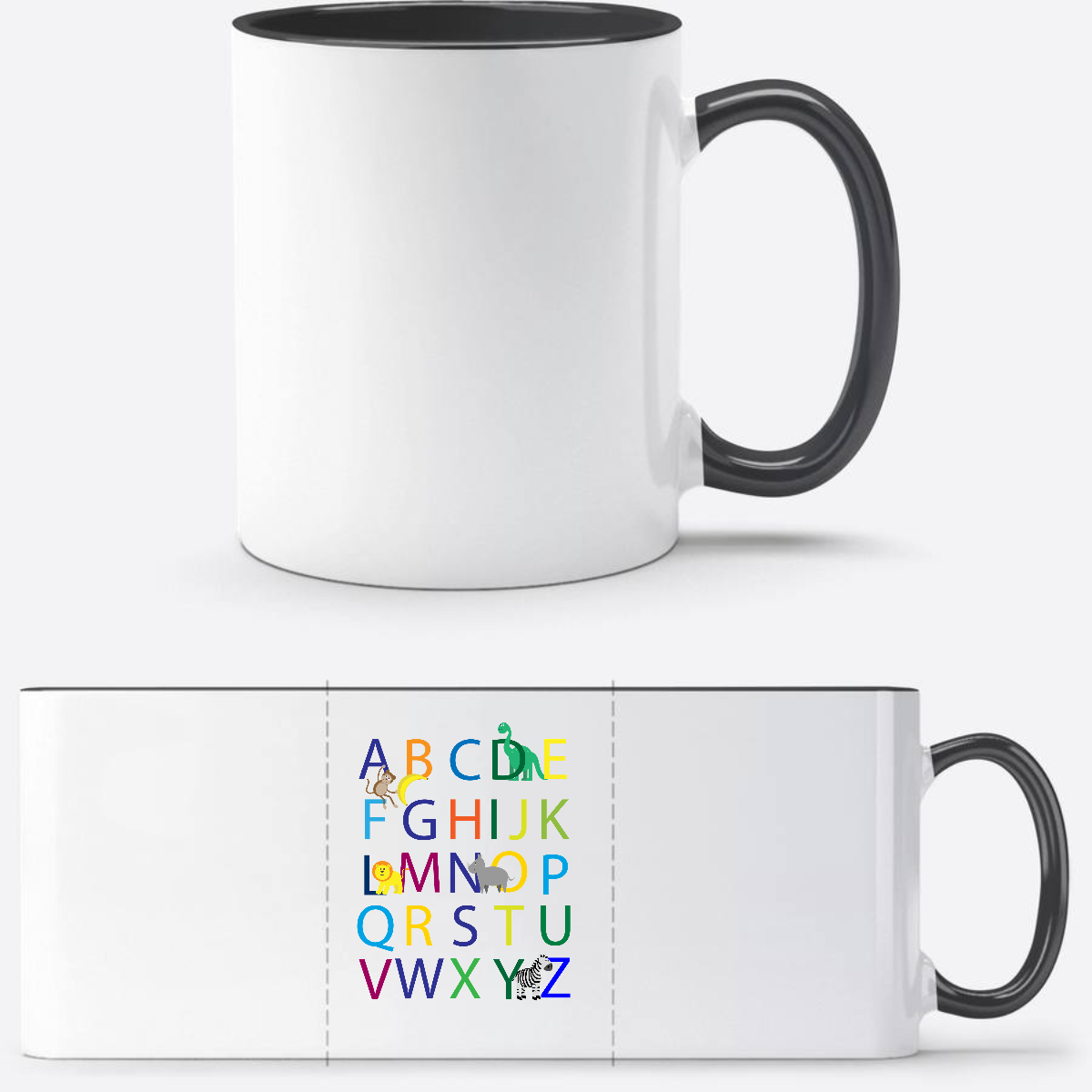 Tasse zur Einschulung mit Name – Buntes ABC Motiv - Weiß/Schwarz