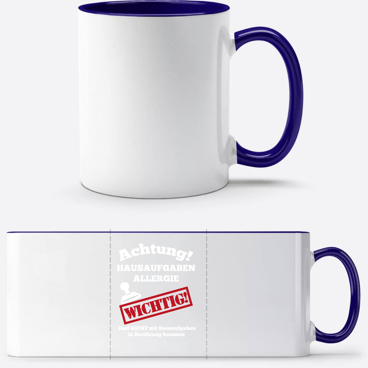 Tasse zur Einschulung mit Name: Hausaufgaben Allergie - Weiß/Dunkelblau
