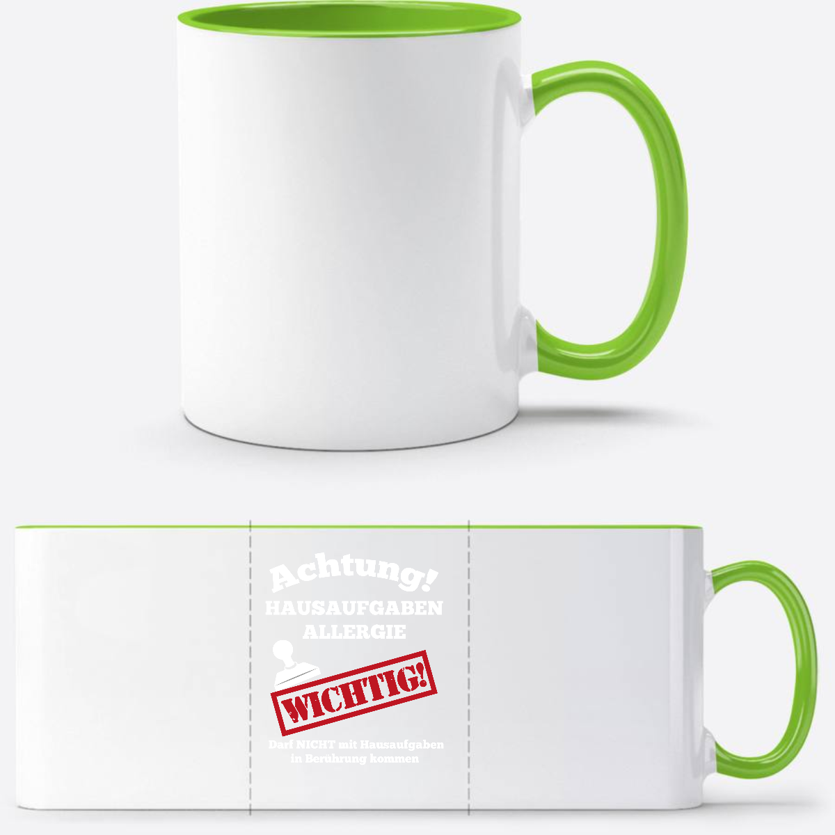 Tasse zur Einschulung mit Name: Hausaufgaben Allergie - Weiß/Grün