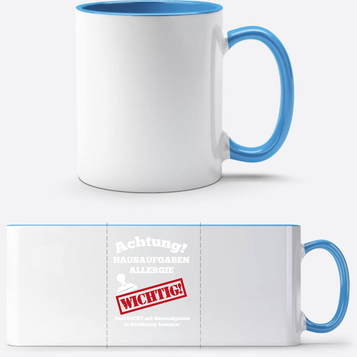 Tasse zur Einschulung mit Name: Hausaufgaben Allergie - Weiß/Hellblau