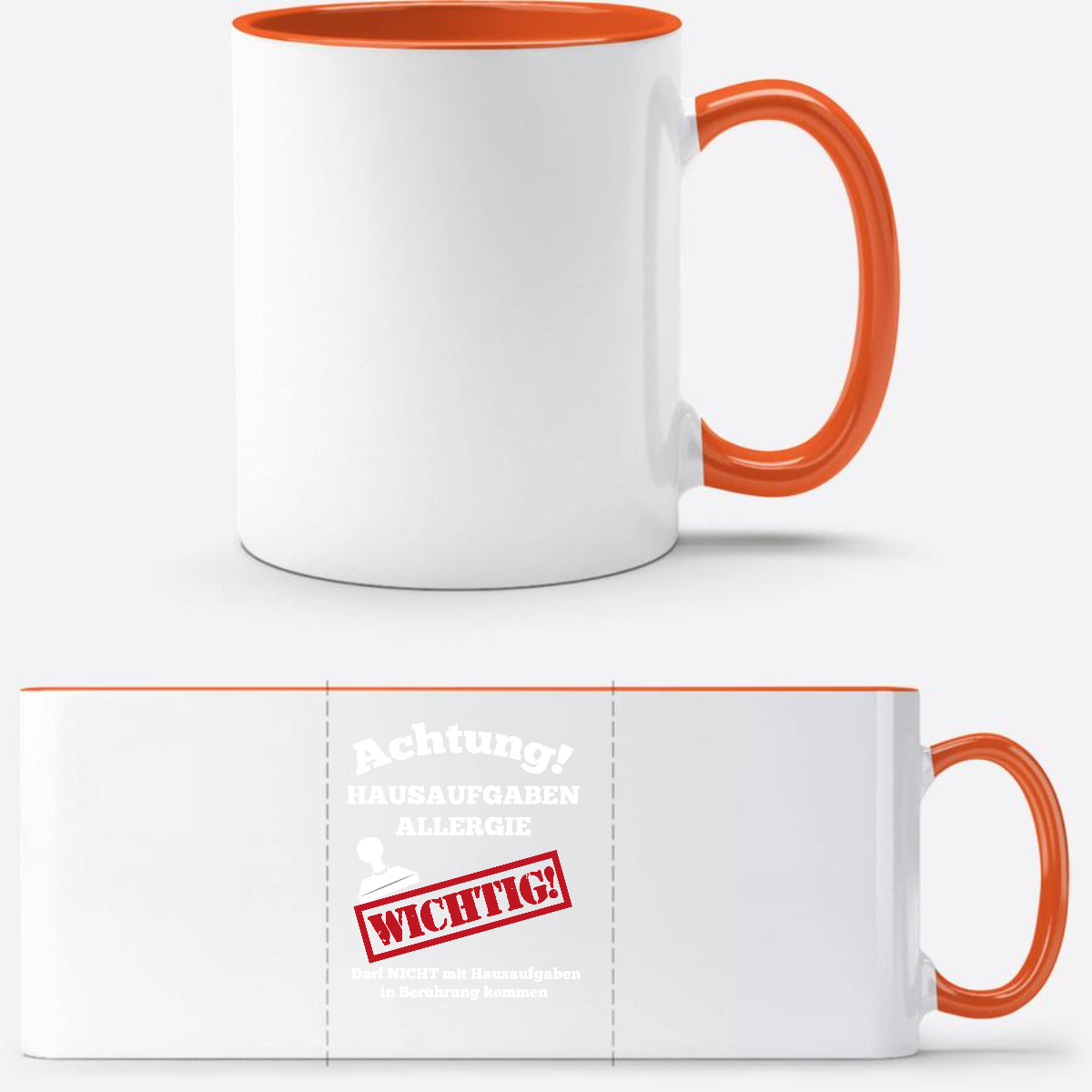 Tasse zur Einschulung mit Name: Hausaufgaben Allergie - Weiß/Orange