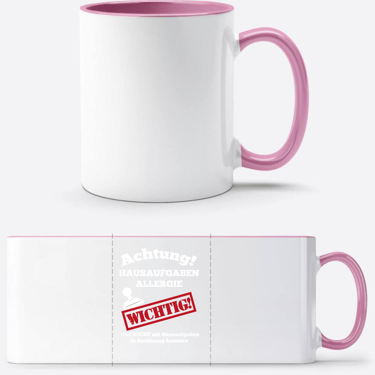 Tasse zur Einschulung mit Name: Hausaufgaben Allergie - Weiss/Rosa