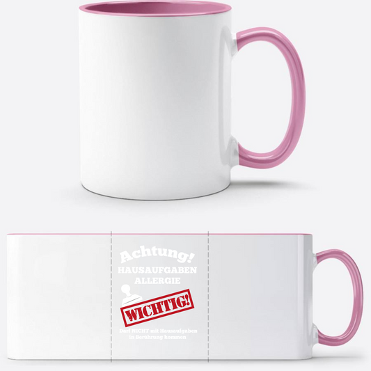 Tasse zur Einschulung mit Name: Hausaufgaben Allergie - Weiss/Rosa