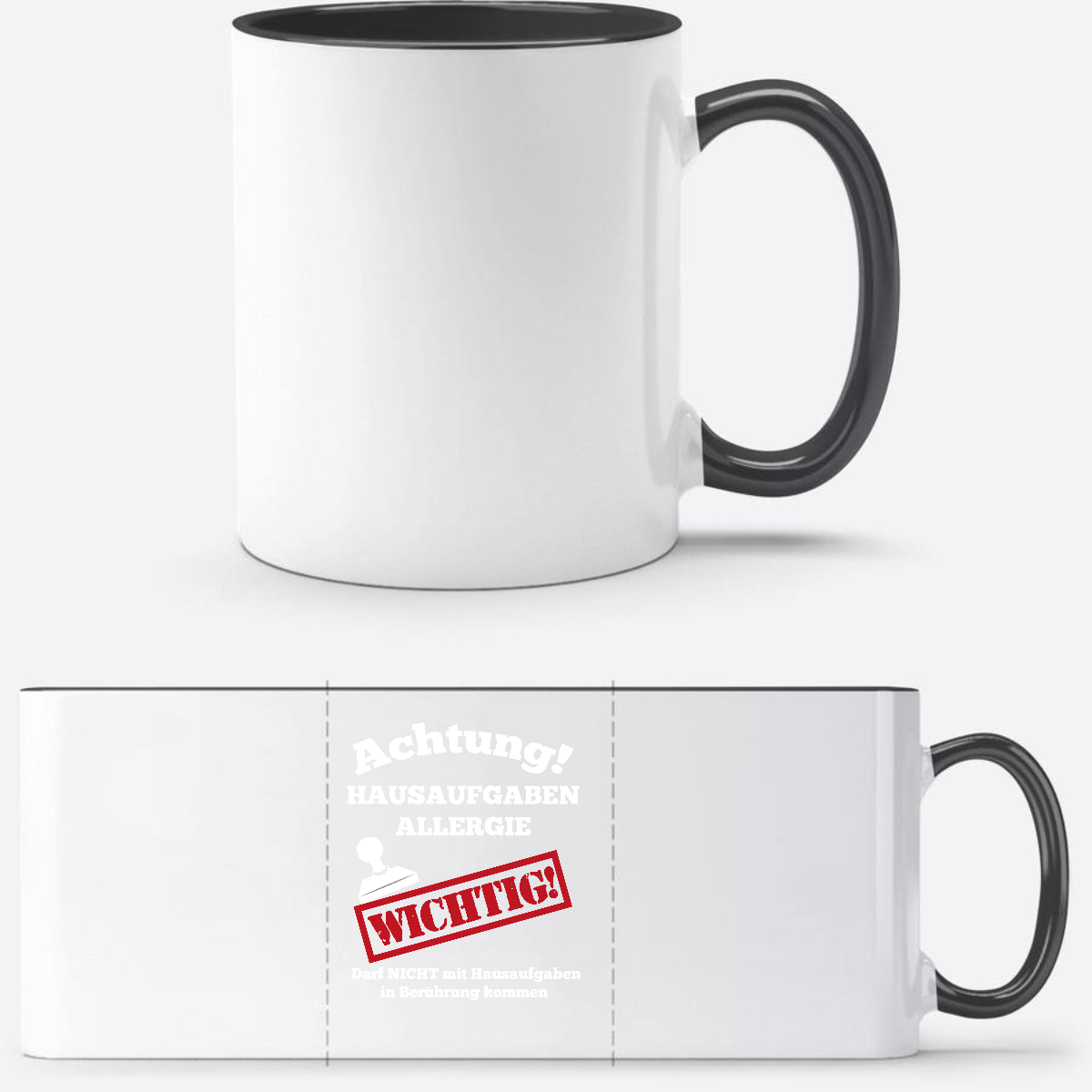 Tasse zur Einschulung mit Name: Hausaufgaben Allergie - Weiß/Schwarz
