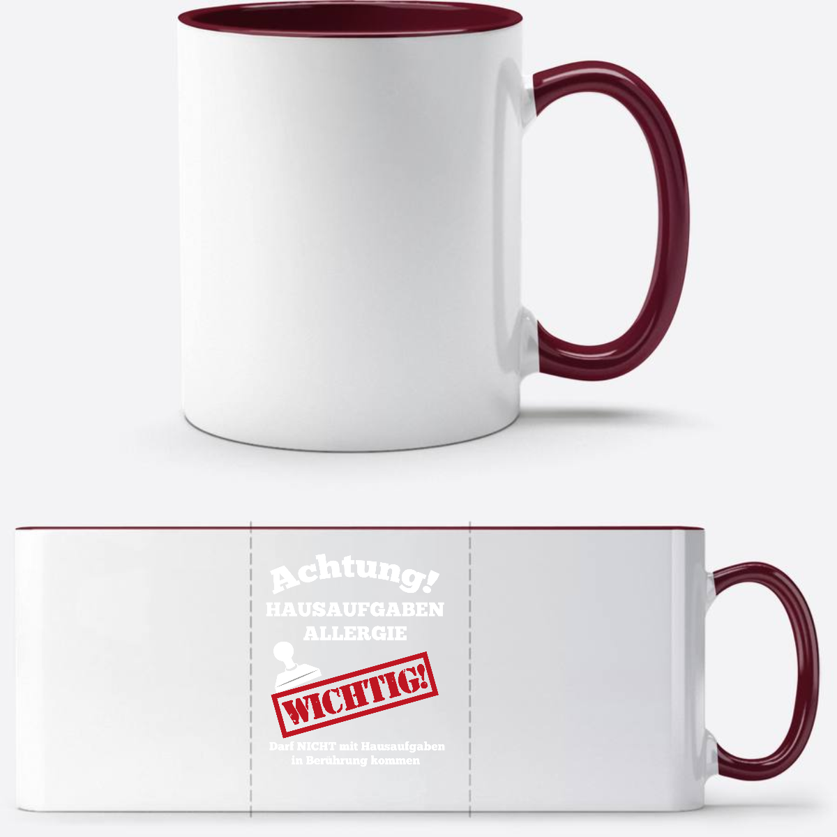 Tasse zur Einschulung mit Name: Hausaufgaben Allergie - White/Bordeaux
