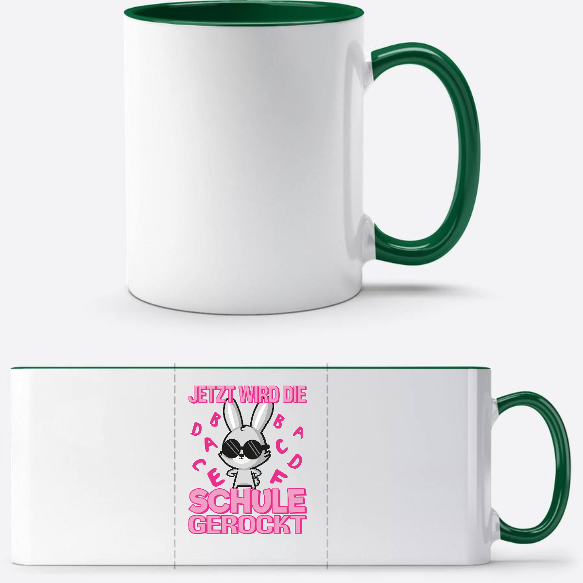 Tasse zur Einschulung mit Name – Schule gerockt Hase - Weiß/Dunkelgrün