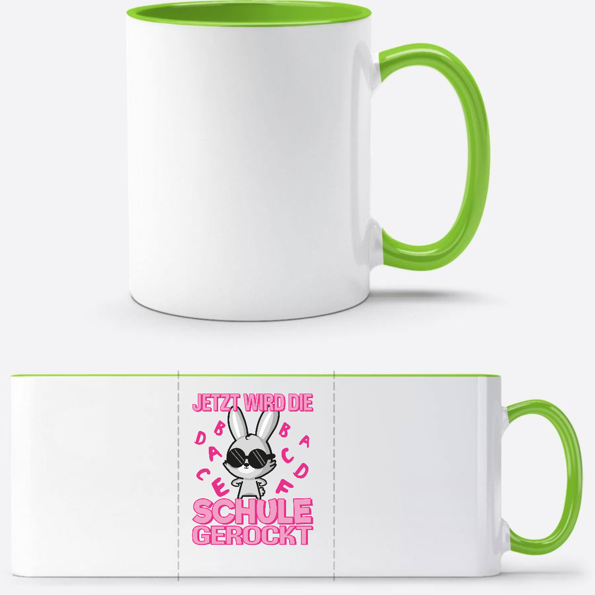Tasse zur Einschulung mit Name – Schule gerockt Hase - Weiß/Grün