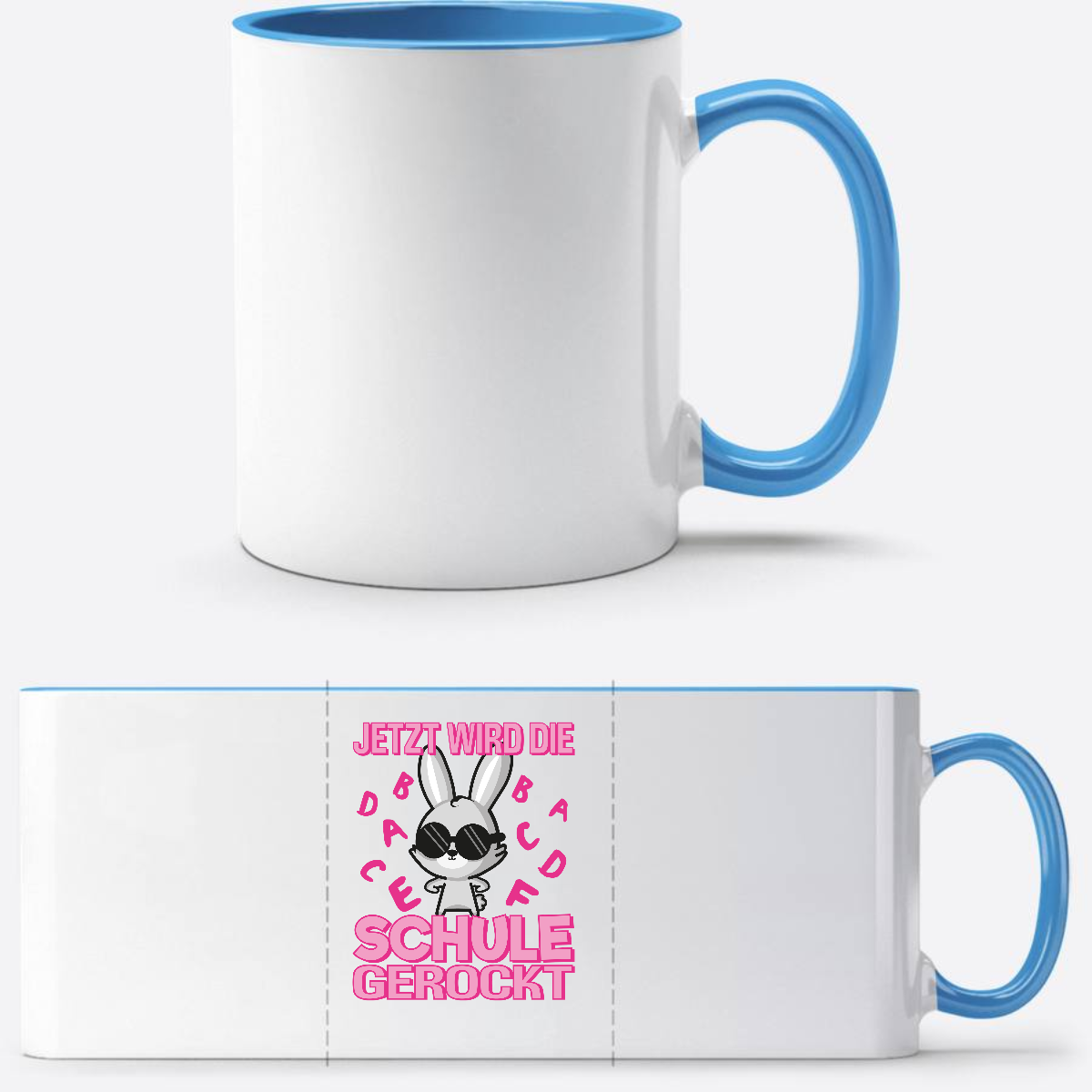 Tasse zur Einschulung mit Name – Schule gerockt Hase - Weiß/Hellblau