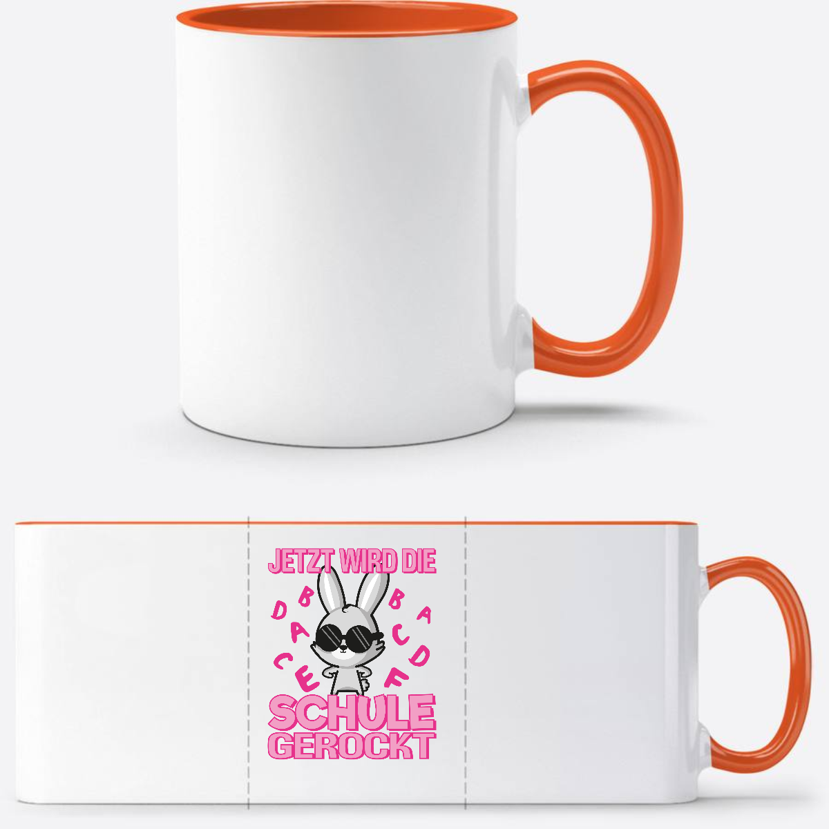 Tasse zur Einschulung mit Name – Schule gerockt Hase - Weiß/Orange