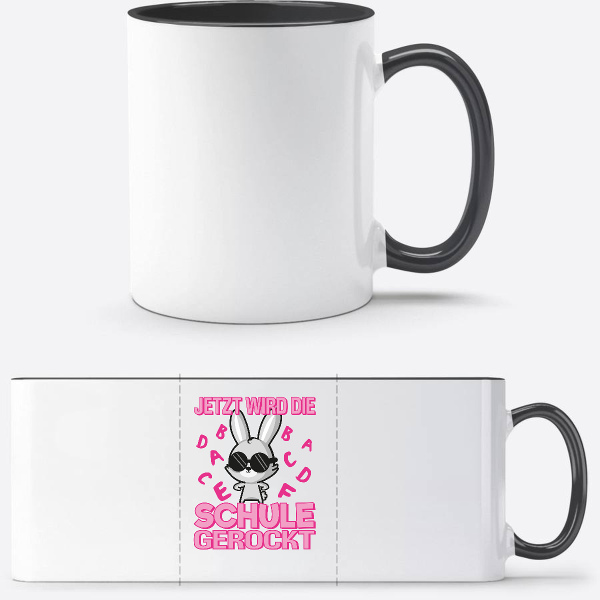 Tasse zur Einschulung mit Name – Schule gerockt Hase - Weiß/Schwarz