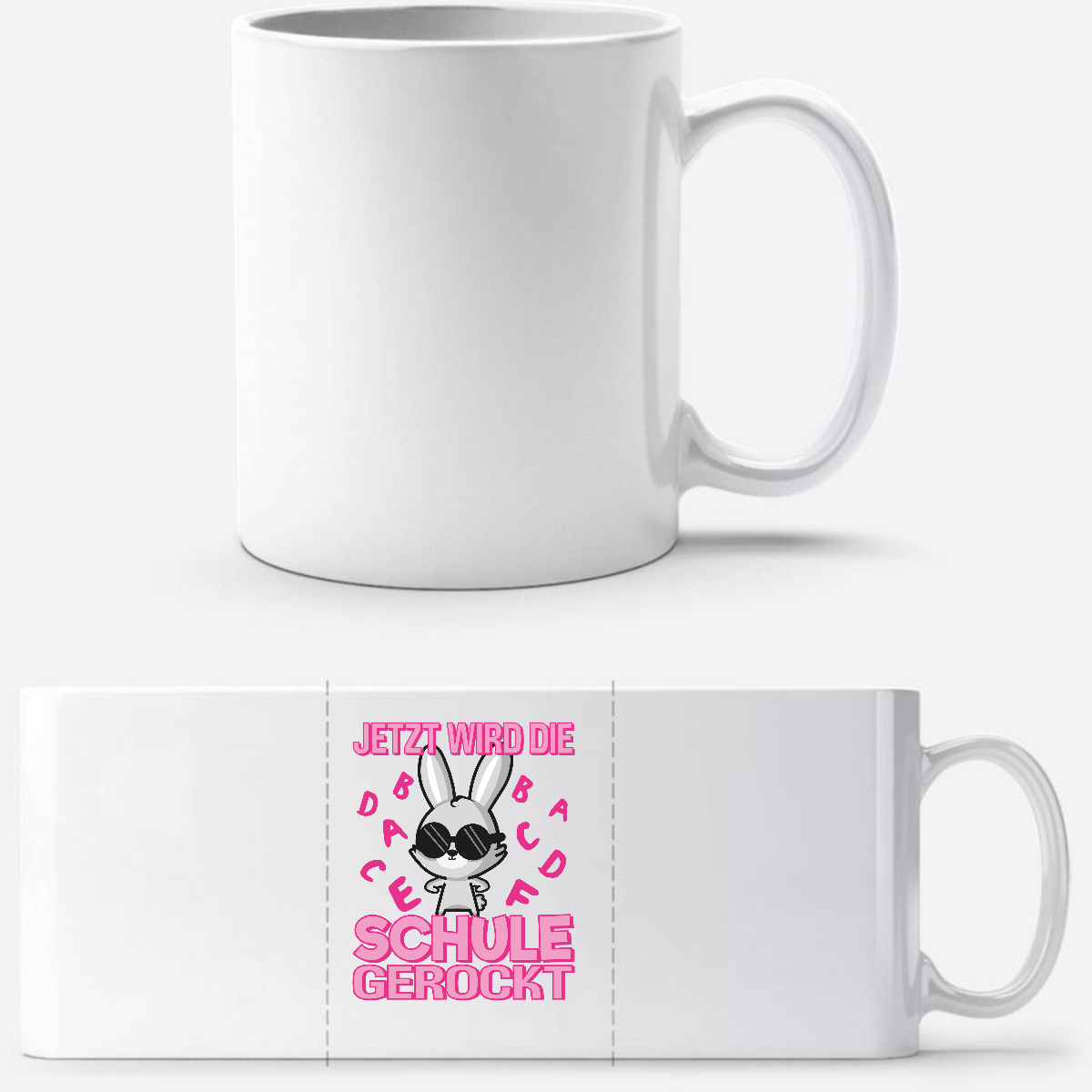 Tasse zur Einschulung mit Name – Schule gerockt Hase - Weiß