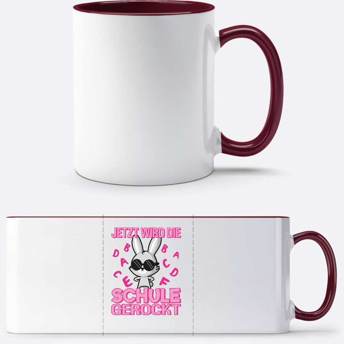 Tasse zur Einschulung mit Name – Schule gerockt Hase - White/Bordeaux