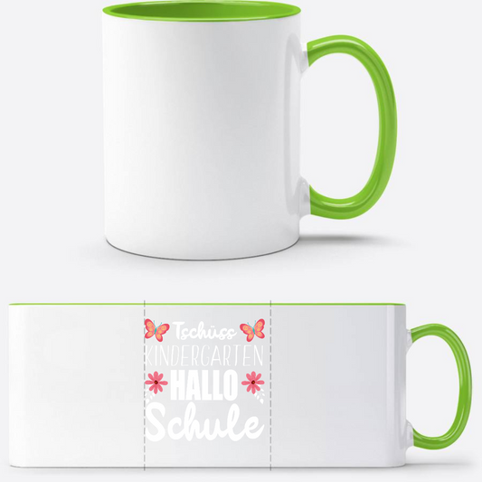 Tasse zur Einschulung mit Name – Tschüss Kindergarten, Hallo Schule - Weiß/Grün