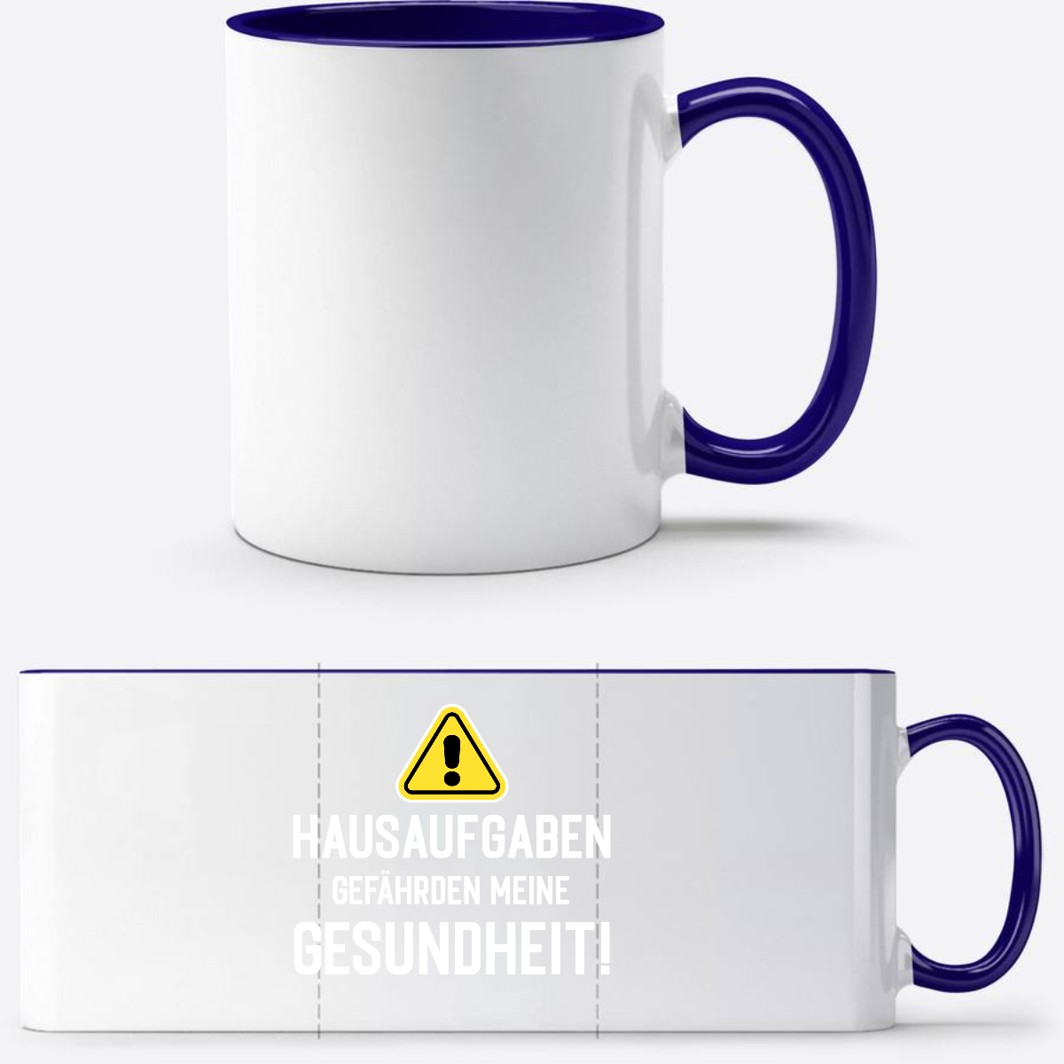 Tasse zur Einschulung mit Name: Warnschild Hausaufgaben - Weiß/Dunkelblau