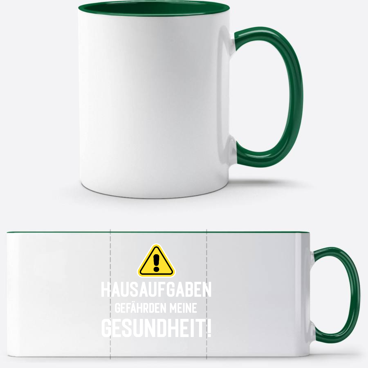 Tasse zur Einschulung mit Name: Warnschild Hausaufgaben - Weiß/Dunkelgrün