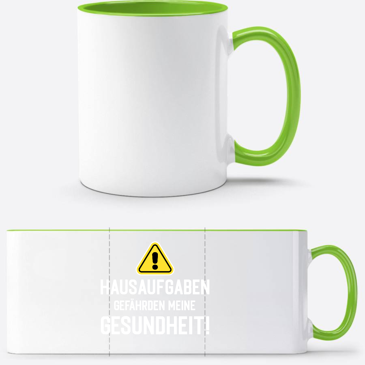 Tasse zur Einschulung mit Name: Warnschild Hausaufgaben - Weiß/Grün