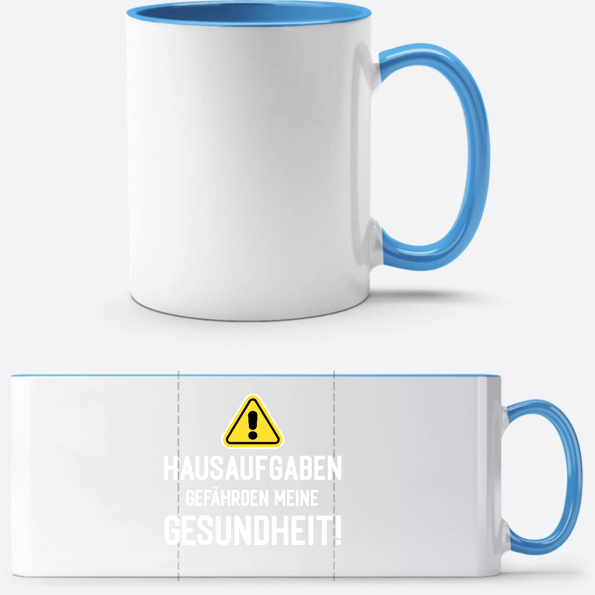 Tasse zur Einschulung mit Name: Warnschild Hausaufgaben - Weiß/Hellblau