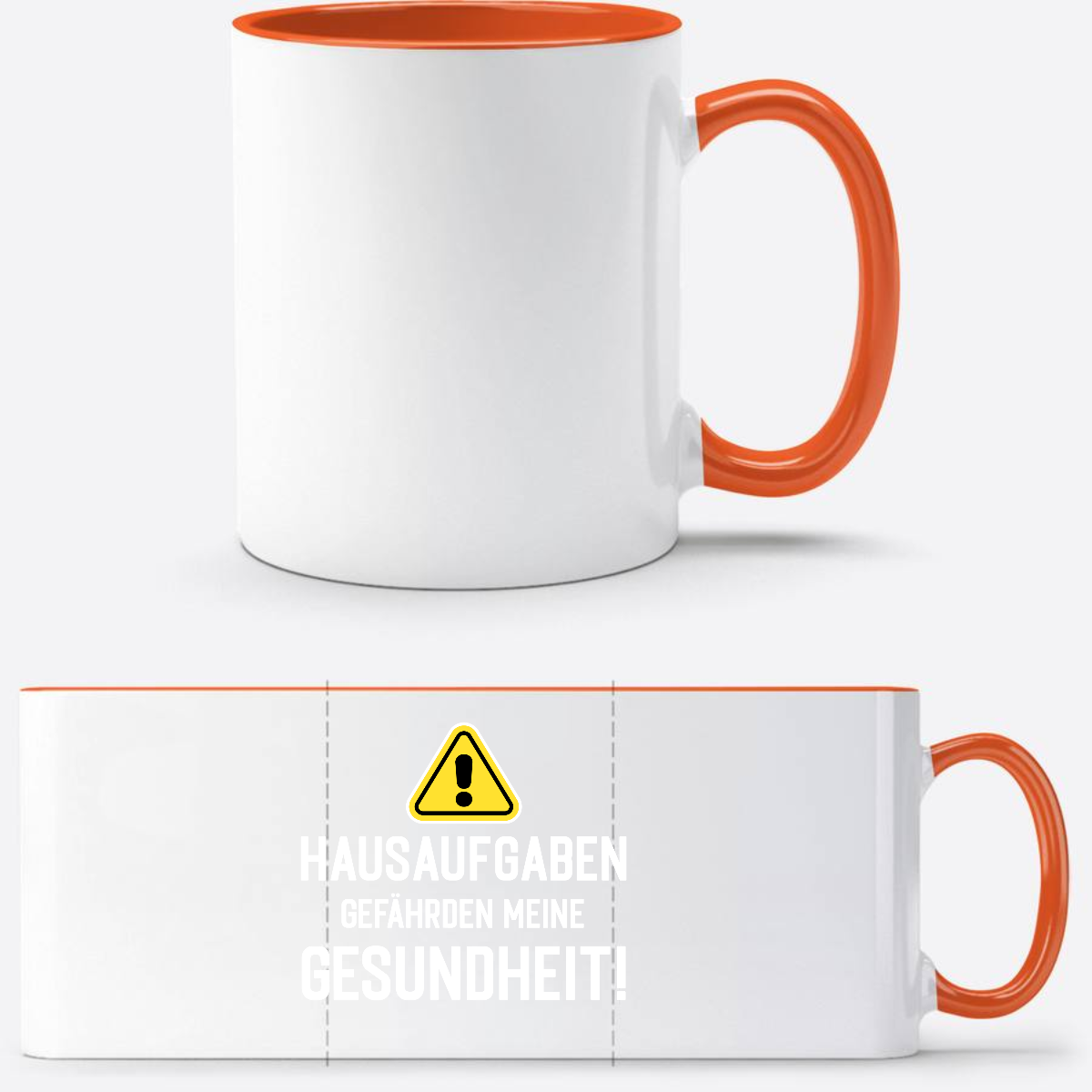 Tasse zur Einschulung mit Name: Warnschild Hausaufgaben - Weiß/Orange