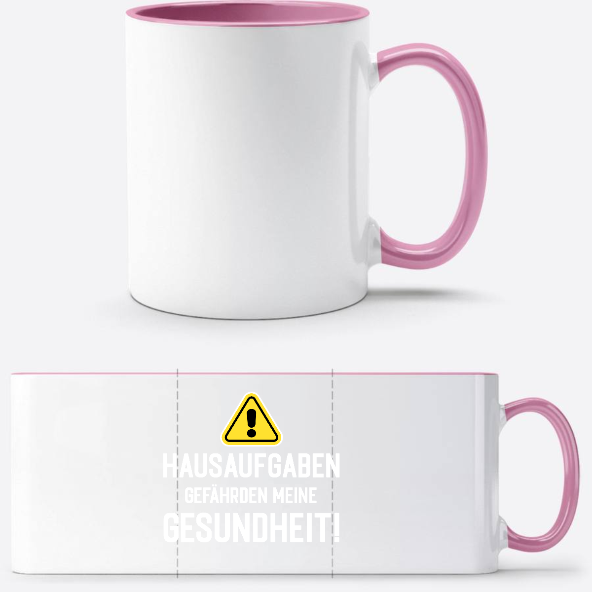 Tasse zur Einschulung mit Name: Warnschild Hausaufgaben - Weiss/Rosa