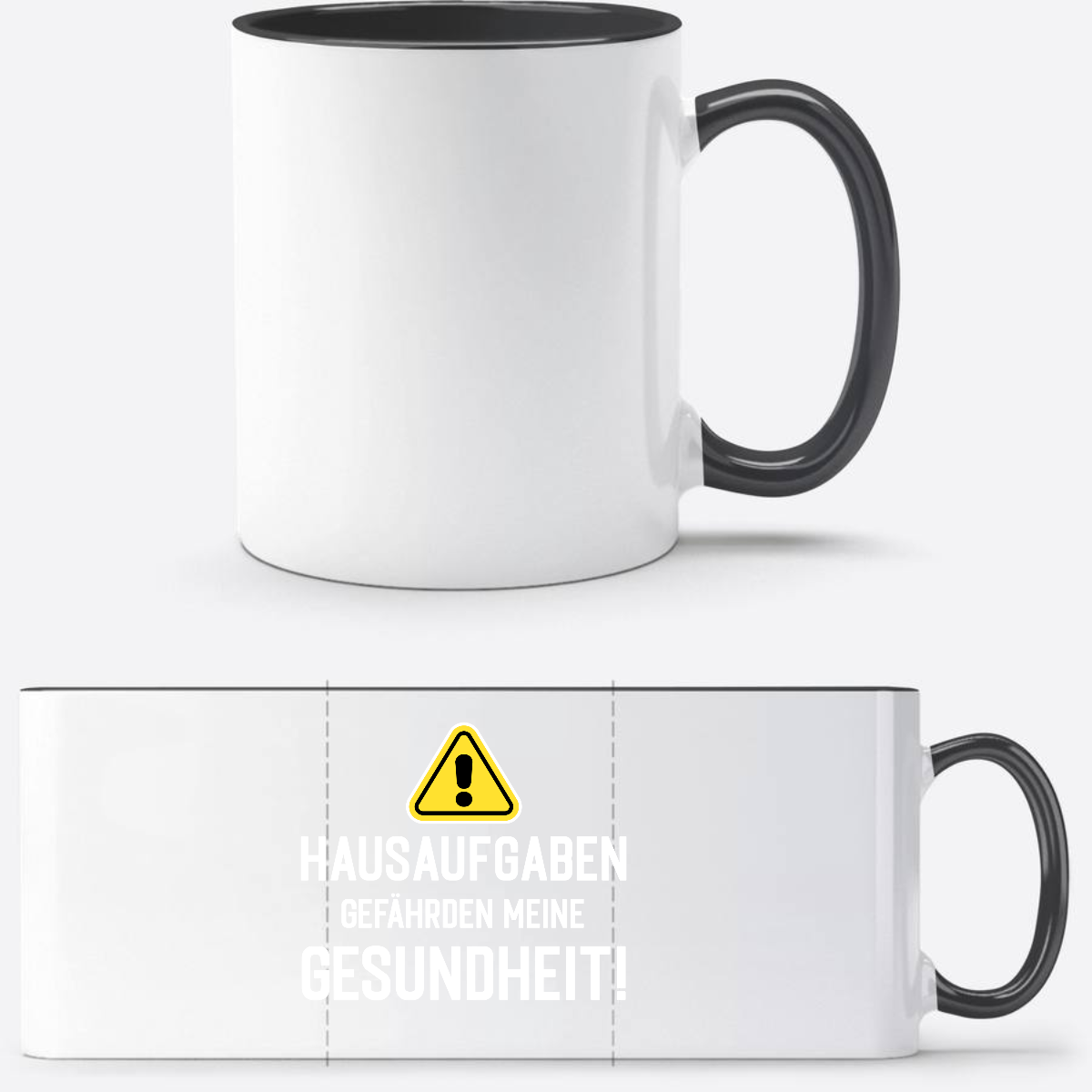 Tasse zur Einschulung mit Name: Warnschild Hausaufgaben - Weiß/Schwarz
