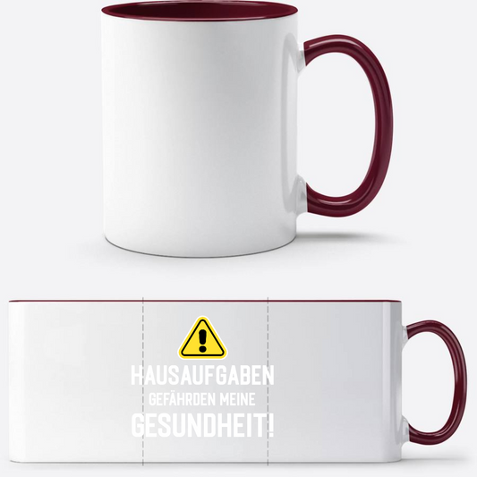 Tasse zur Einschulung mit Name: Warnschild Hausaufgaben - White/Bordeaux