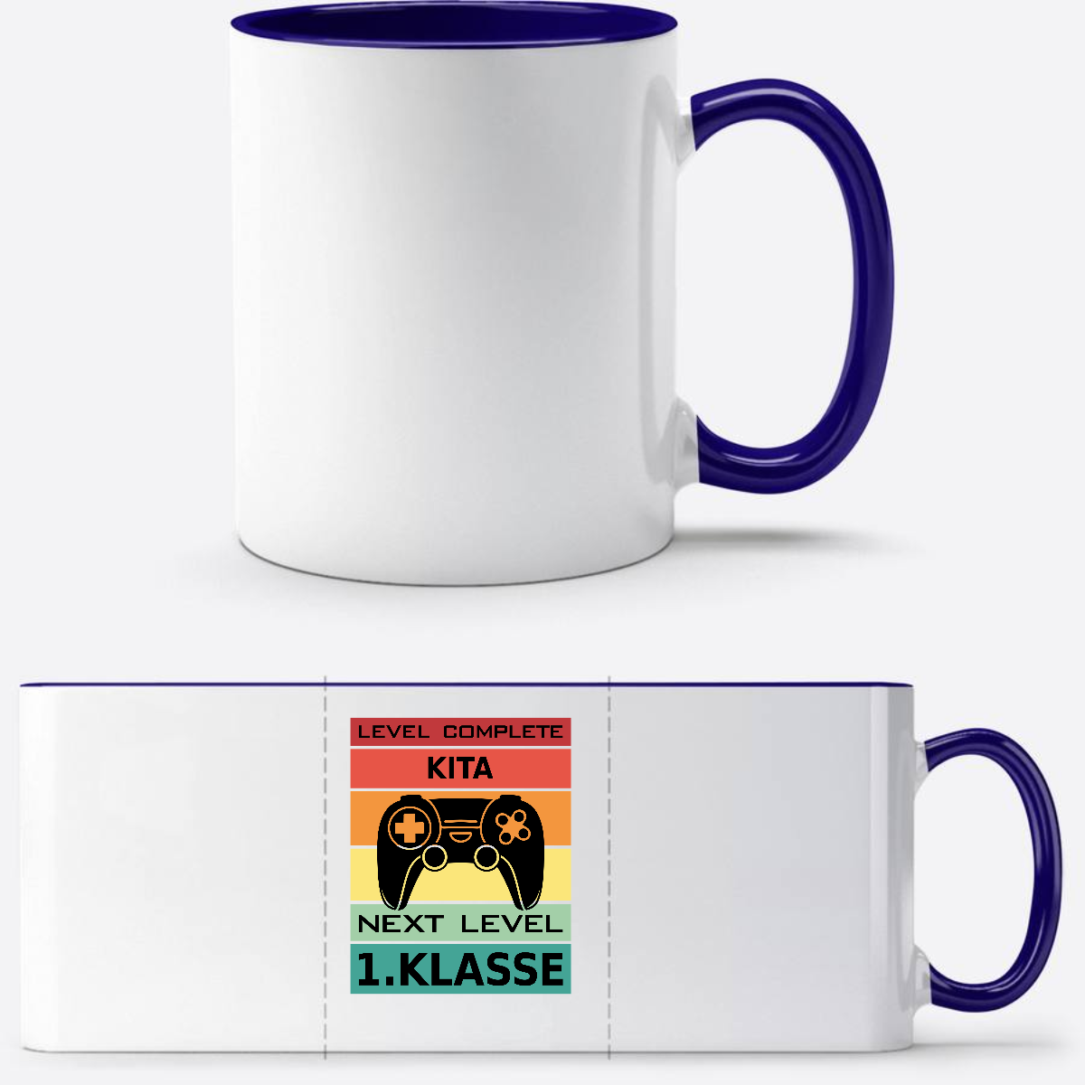 Tasse zur Einschulung: Next Level 1. Klasse mit Wunschnamen - Weiß/Dunkelblau