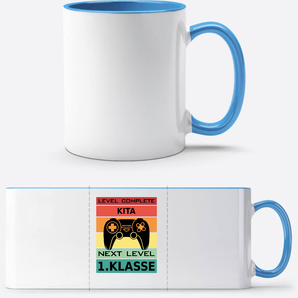 Tasse zur Einschulung: Next Level 1. Klasse mit Wunschnamen - Weiß/Hellblau
