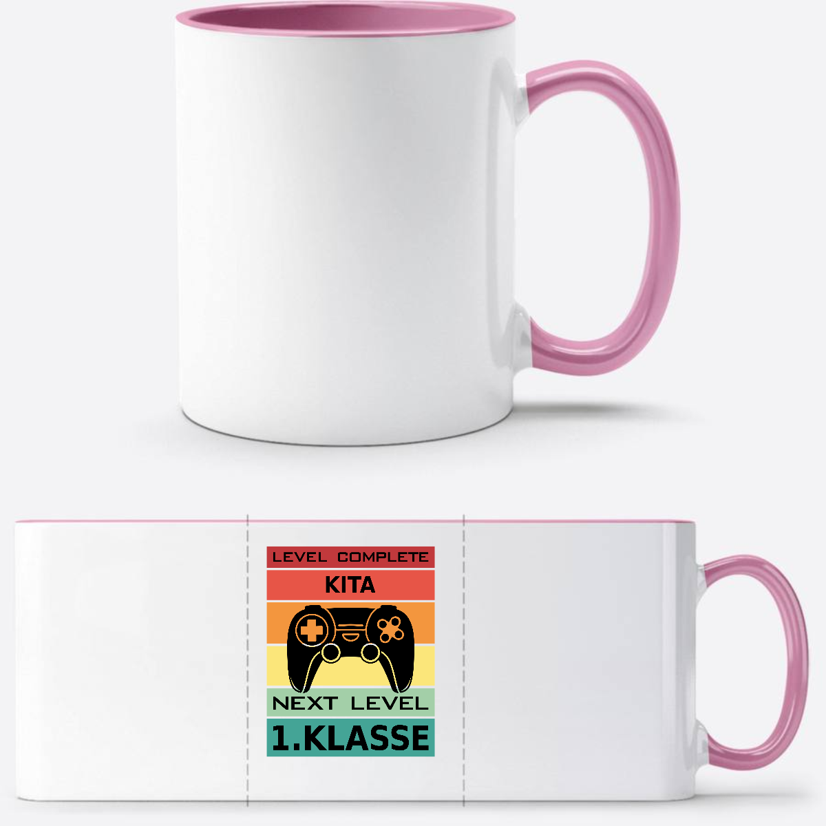 Tasse zur Einschulung: Next Level 1. Klasse mit Wunschnamen - Weiss/Rosa