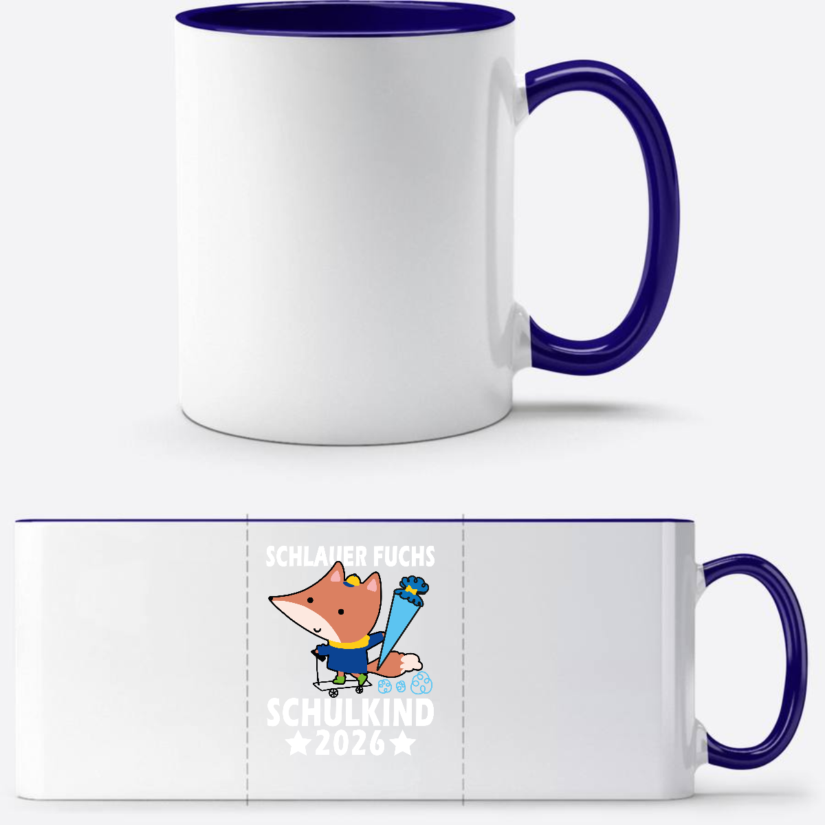 Tasse zur Einschulung – Schlauer Fuchs Schulkind 2026 mit Name - Weiß/Dunkelblau