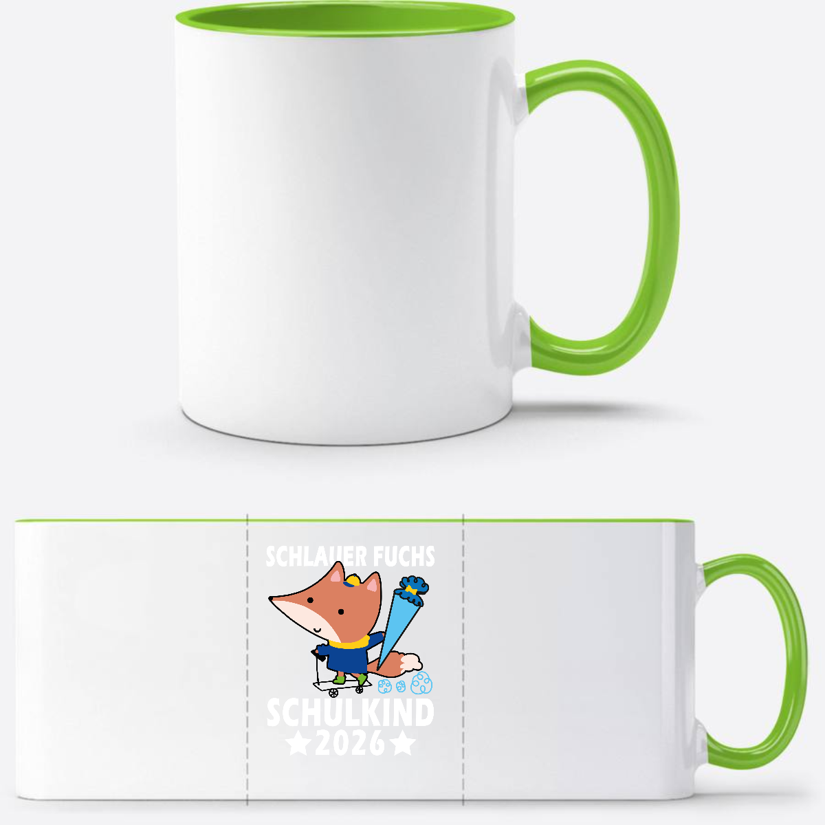 Tasse zur Einschulung – Schlauer Fuchs Schulkind 2026 mit Name - Weiß/Grün