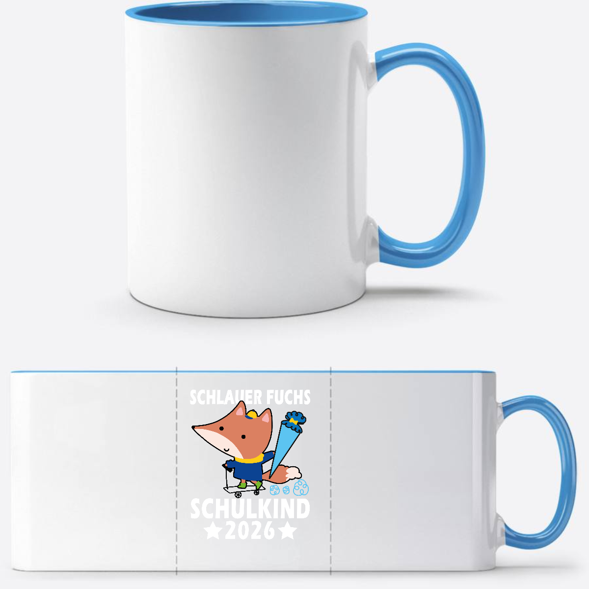 Tasse zur Einschulung – Schlauer Fuchs Schulkind 2026 mit Name - Weiß/Hellblau