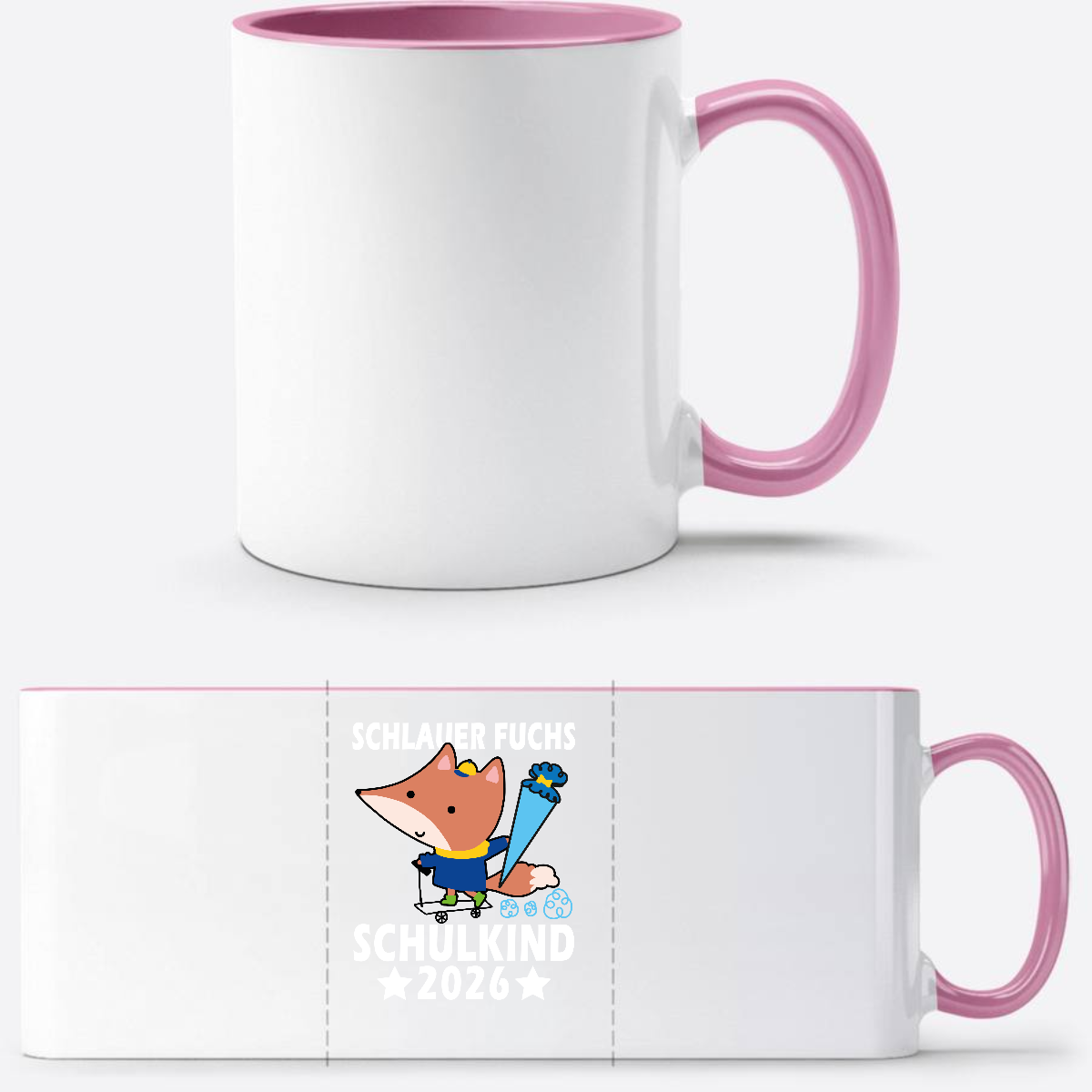 Tasse zur Einschulung – Schlauer Fuchs Schulkind 2026 mit Name - Weiss/Rosa
