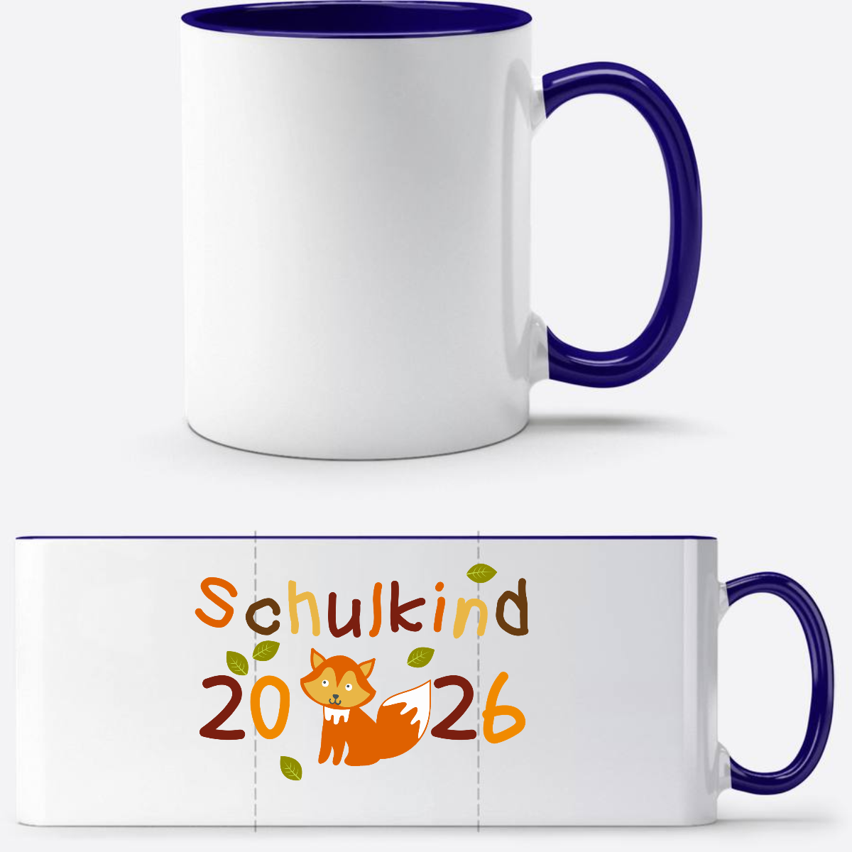 Tasse zur Einschulung – Schulkind 2026 Fuchs mit Name - Weiß/Dunkelblau