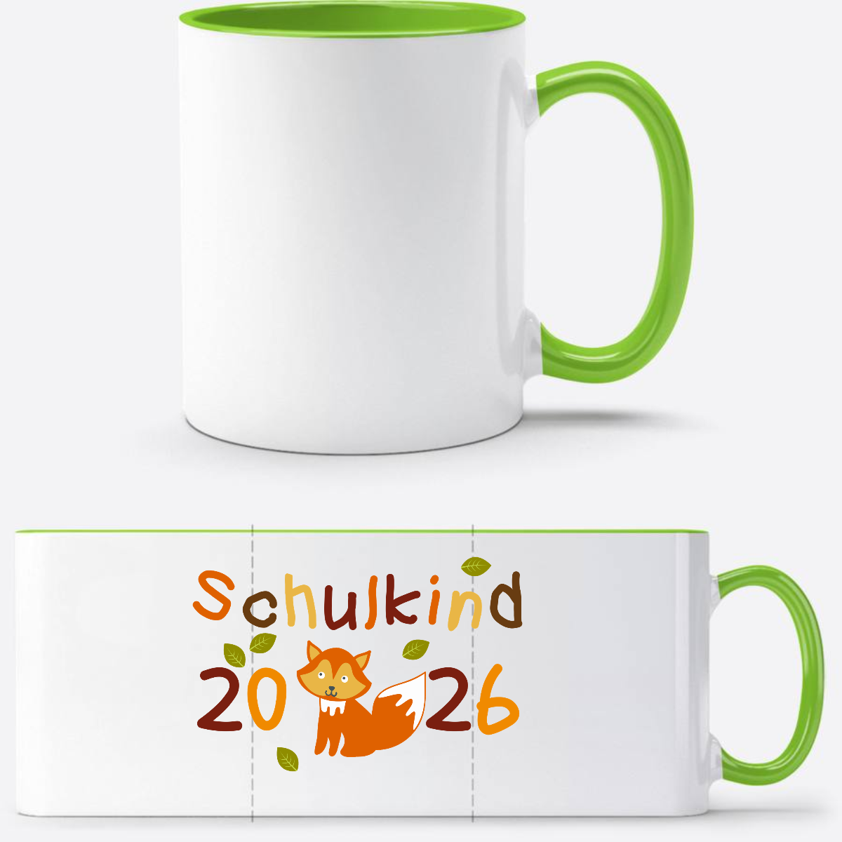 Tasse zur Einschulung – Schulkind 2026 Fuchs mit Name - Weiß/Grün