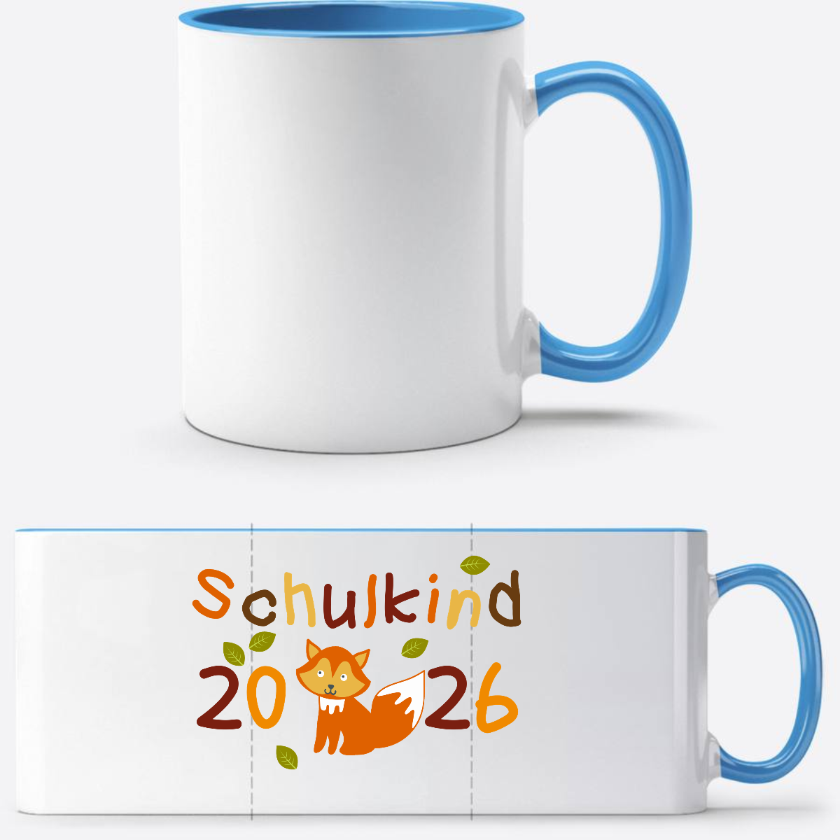 Tasse zur Einschulung – Schulkind 2026 Fuchs mit Name - Weiß/Hellblau