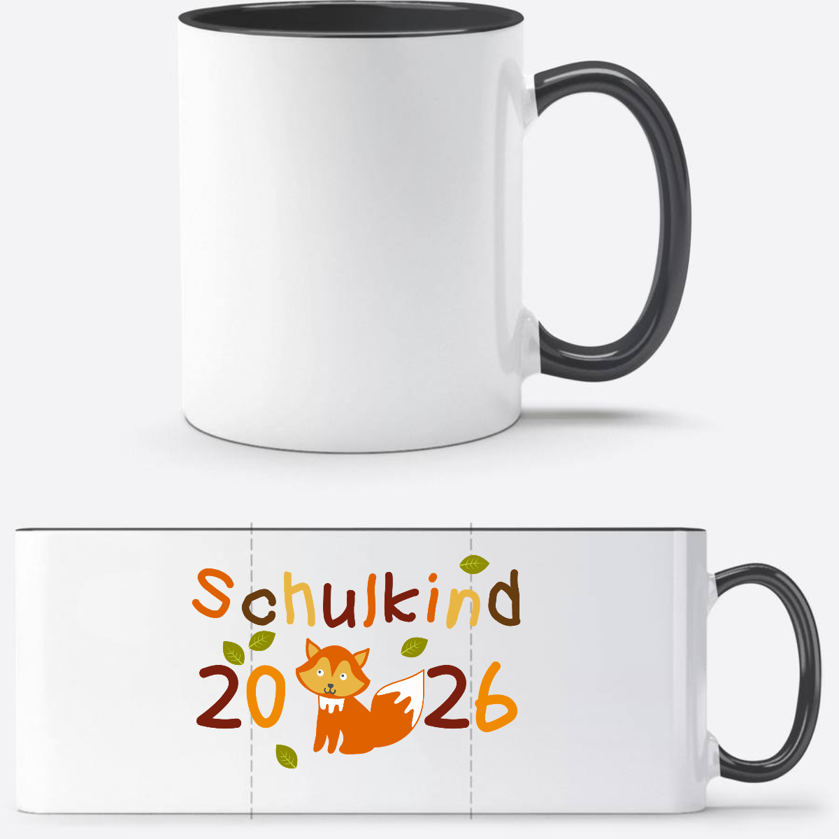 Tasse zur Einschulung – Schulkind 2026 Fuchs mit Name - Weiß/Schwarz