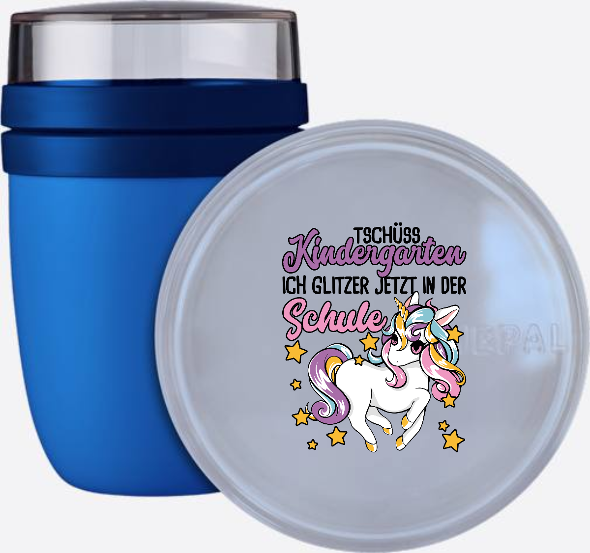 Tasse zur Einschulung: Tschüss Kindergarten Einhorn - Vivid Blue