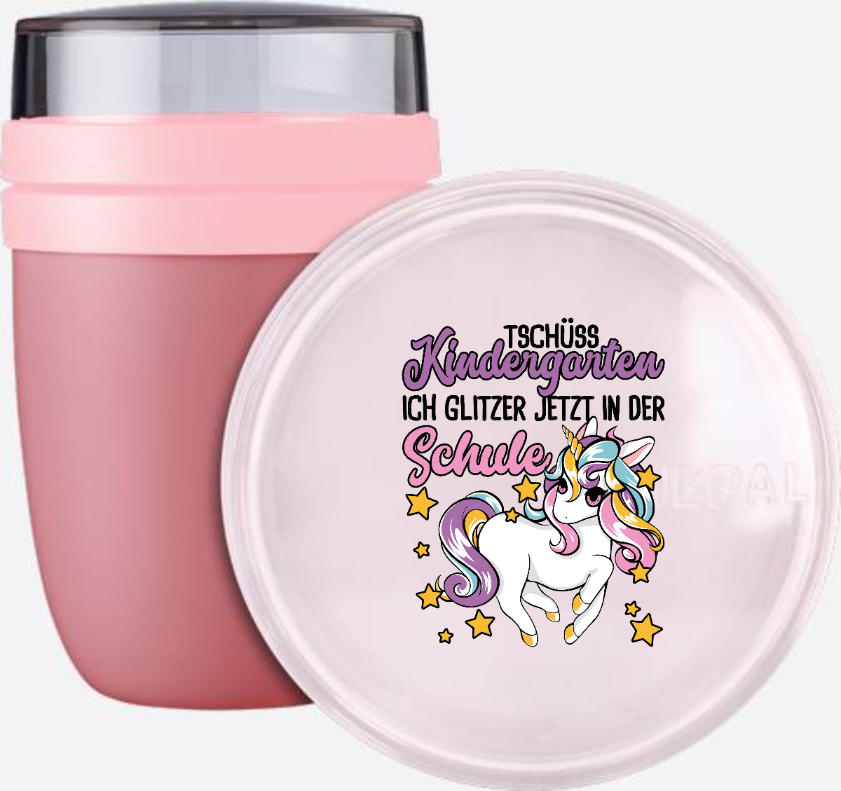 Tasse zur Einschulung: Tschüss Kindergarten Einhorn - Vivid Mauve
