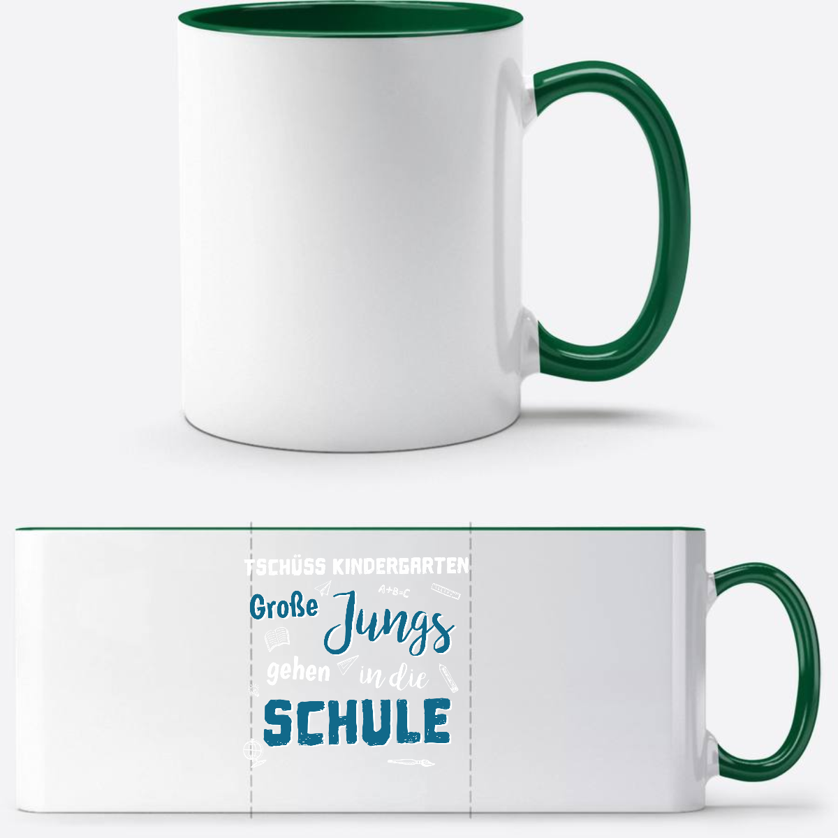 Tasse zur Einschulung – Tschüss Kindergarten Große Jungs - Weiß/Dunkelgrün