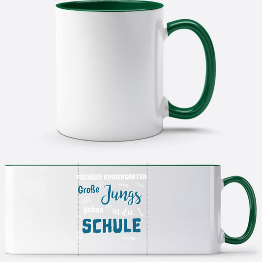 Tasse zur Einschulung – Tschüss Kindergarten Große Jungs - Weiß/Dunkelgrün