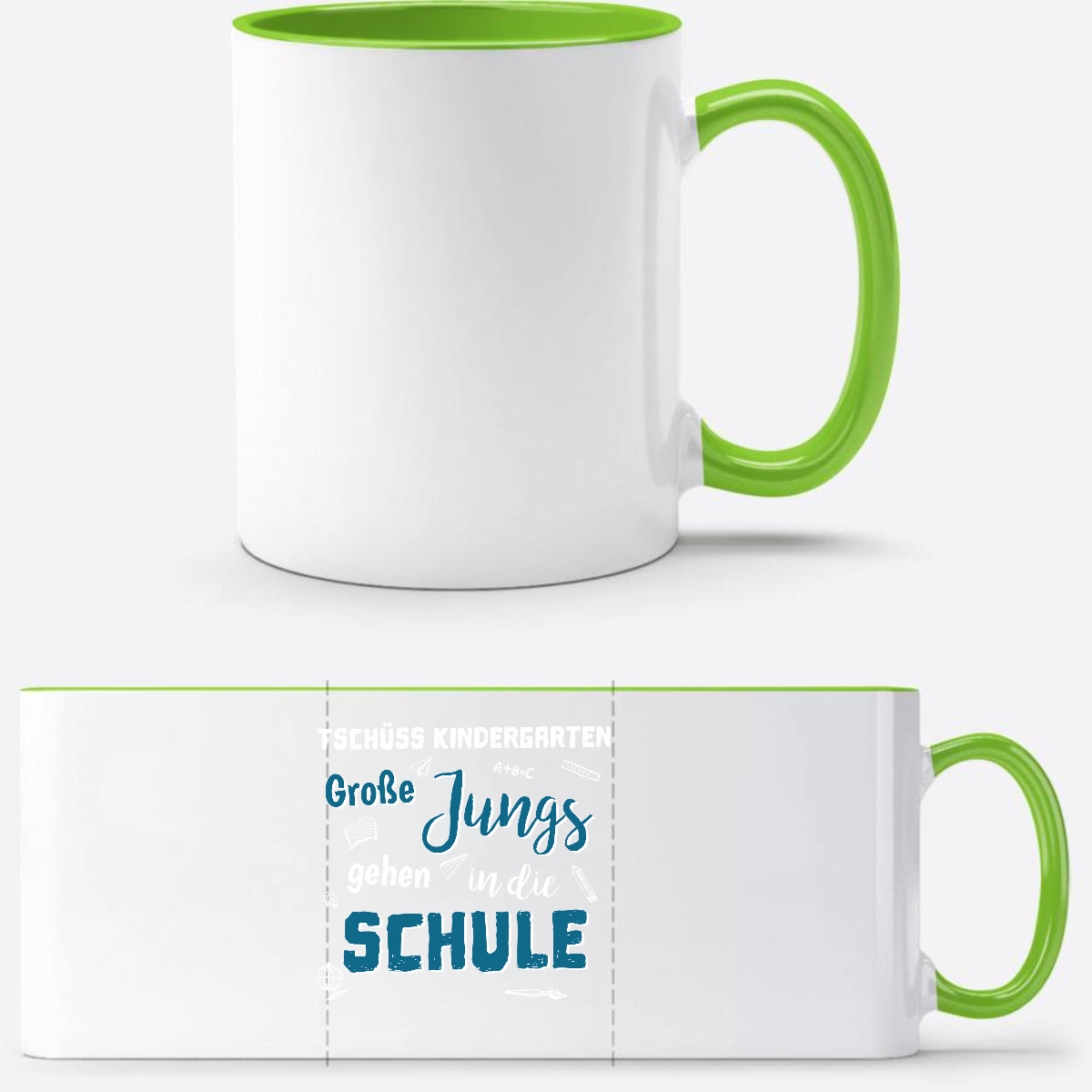 Tasse zur Einschulung – Tschüss Kindergarten Große Jungs - Weiß/Grün