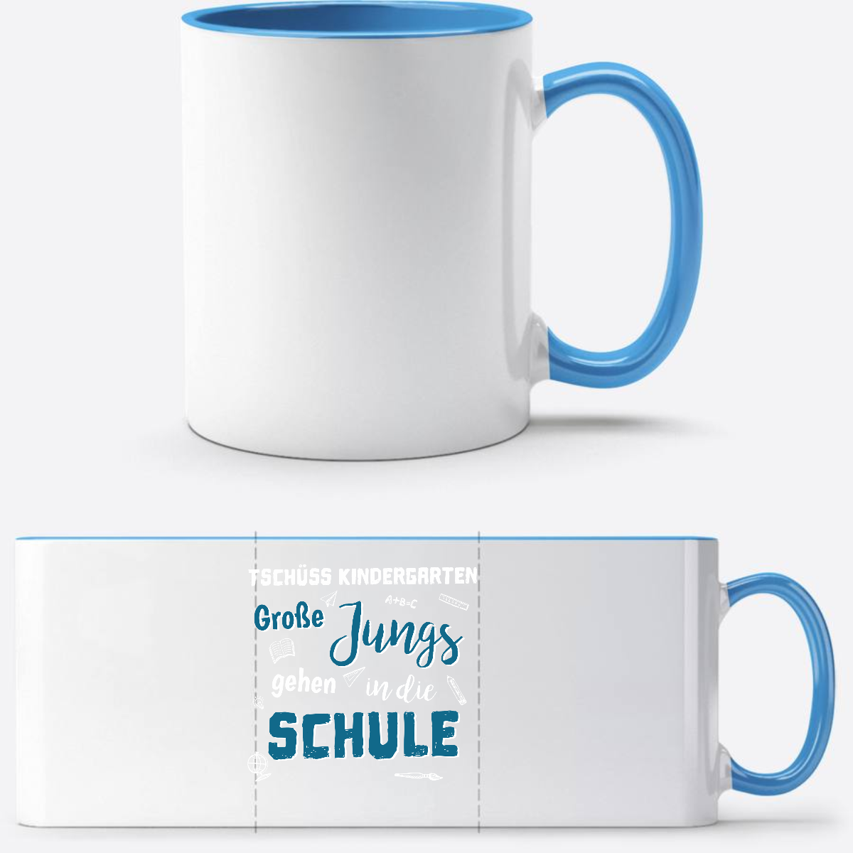 Tasse zur Einschulung – Tschüss Kindergarten Große Jungs - Weiß/Hellblau