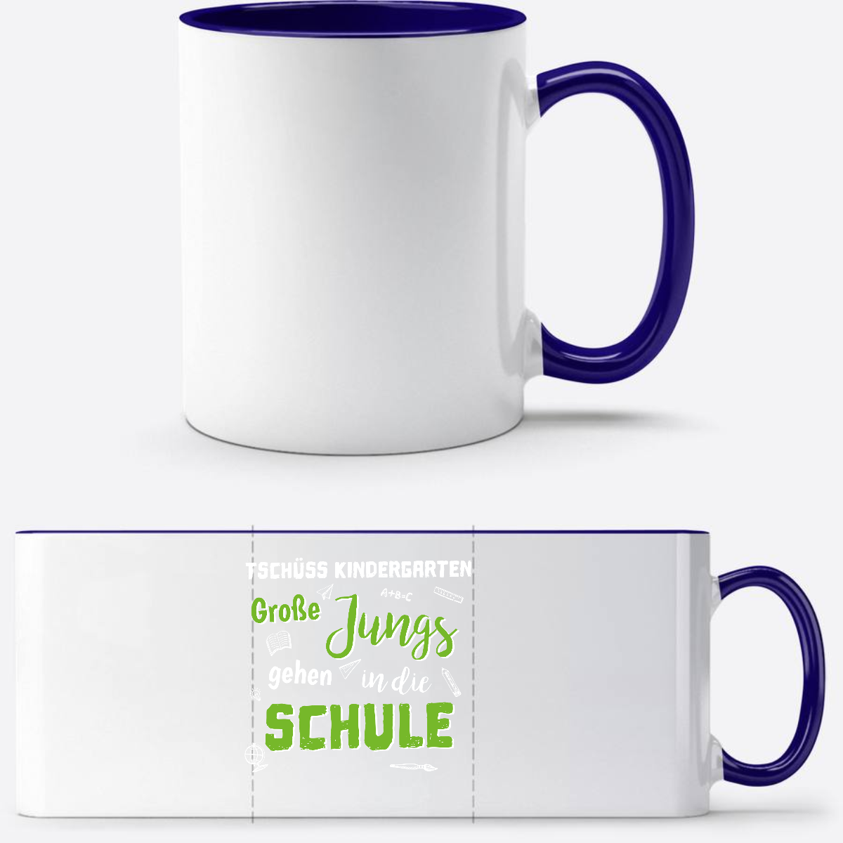 Tasse zur Einschulung: Tschüss Kindergarten, Große Jungs! - Weiß/Dunkelblau