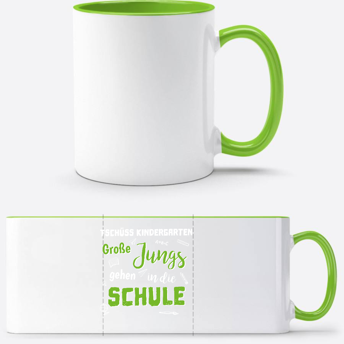 Tasse zur Einschulung: Tschüss Kindergarten, Große Jungs! - Weiß/Grün