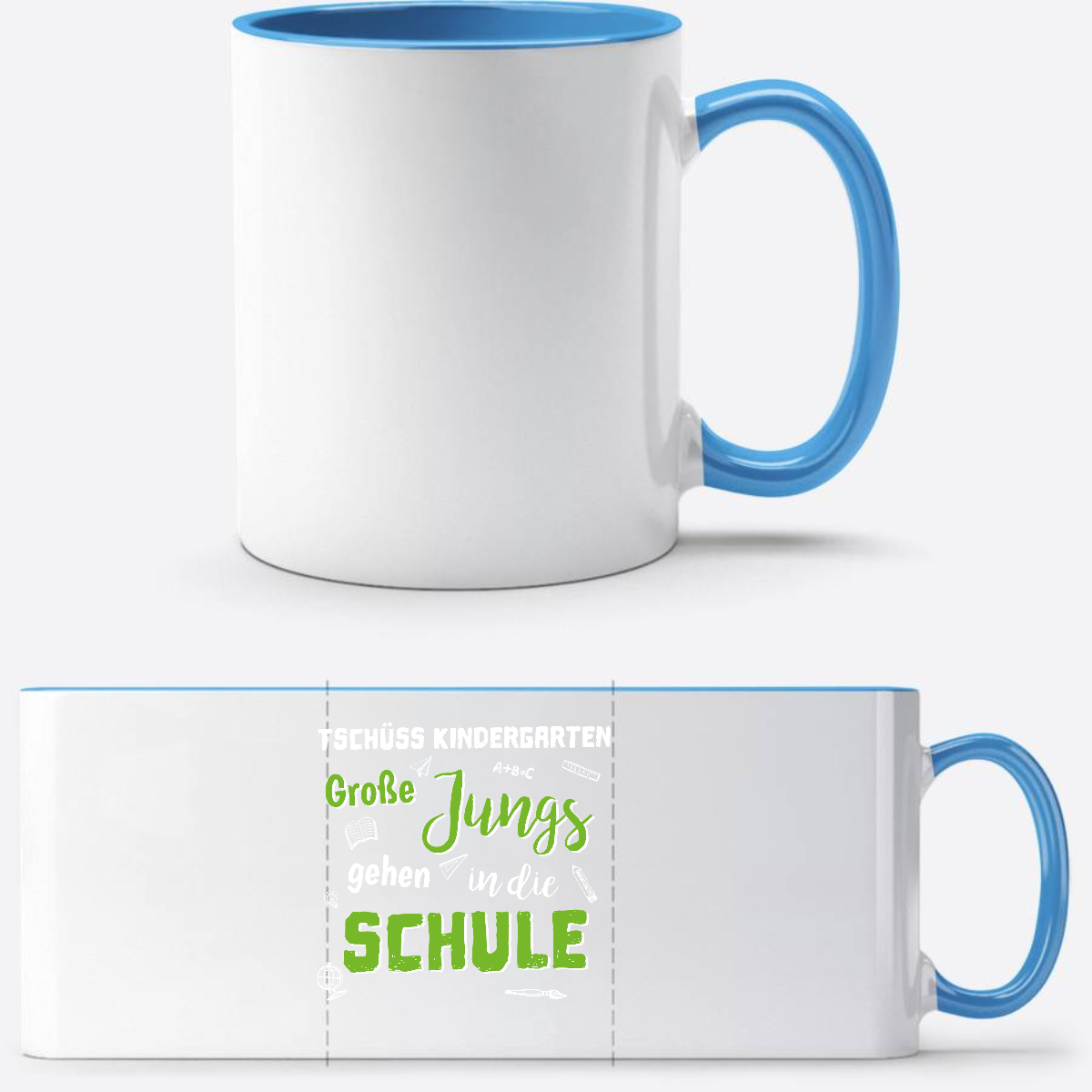 Tasse zur Einschulung: Tschüss Kindergarten, Große Jungs! - Weiß/Hellblau