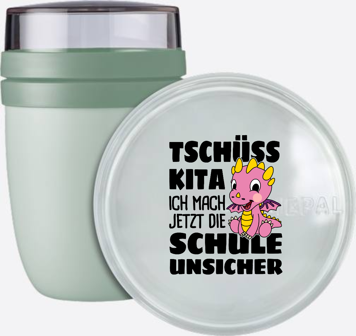 Tasse zur Einschulung: Tschüss Kita! mit rosa Drache & Name - Nordic Sage