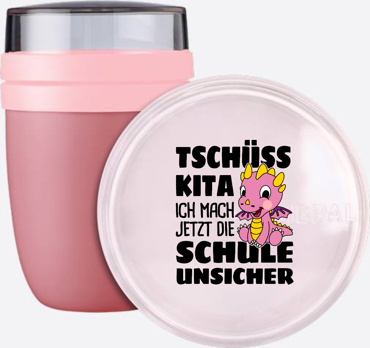 Tasse zur Einschulung: Tschüss Kita! mit rosa Drache & Name - Vivid Mauve