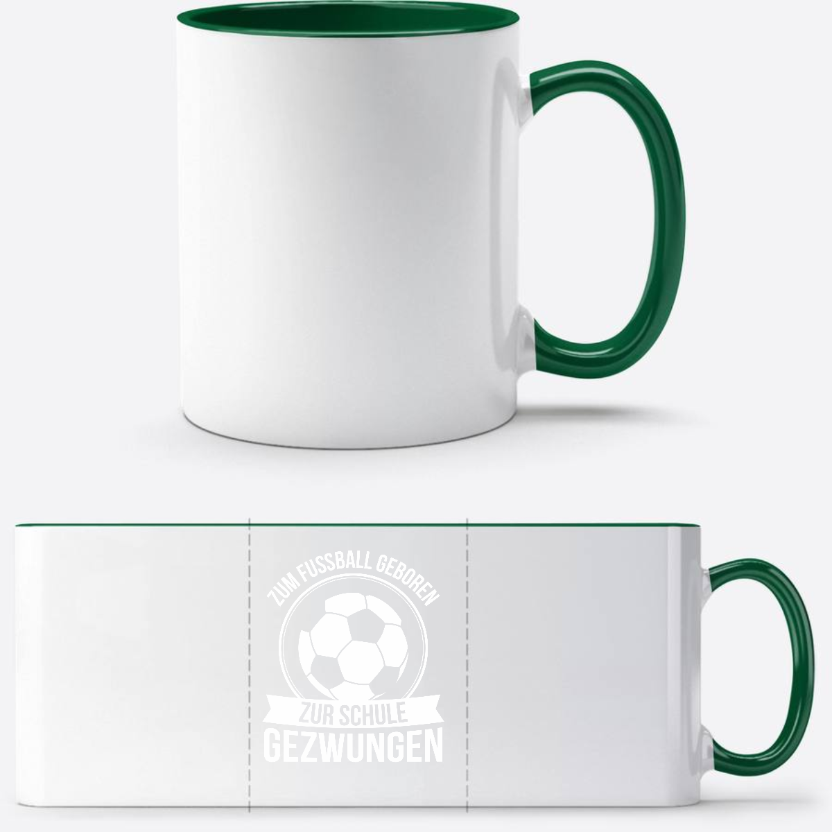 Tasse zur Einschulung: Zum Fußball geboren – Personalisiert - Weiß/Dunkelgrün