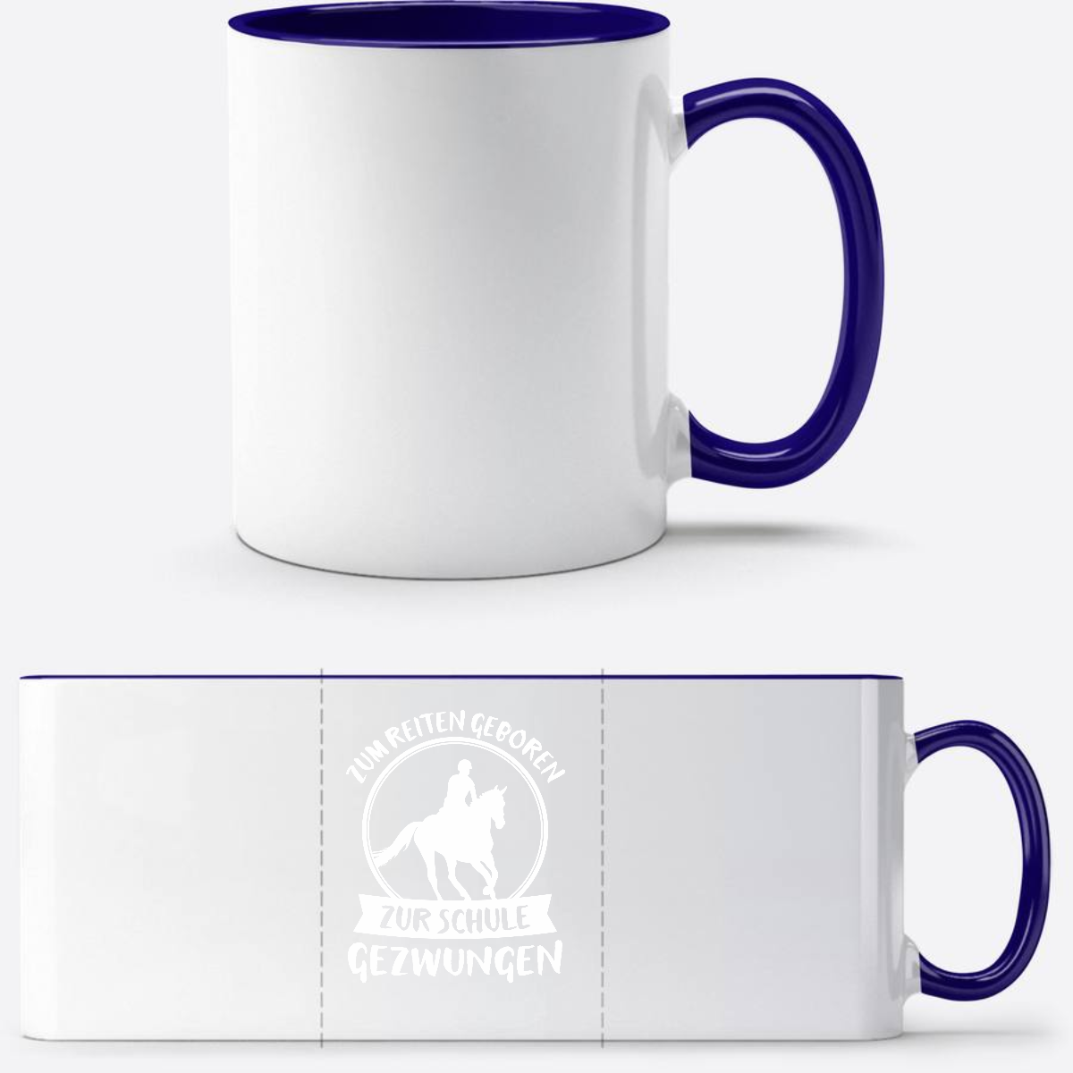 Tasse zur Einschulung: Zum Reiten geboren – Mit Name - Weiß/Dunkelblau